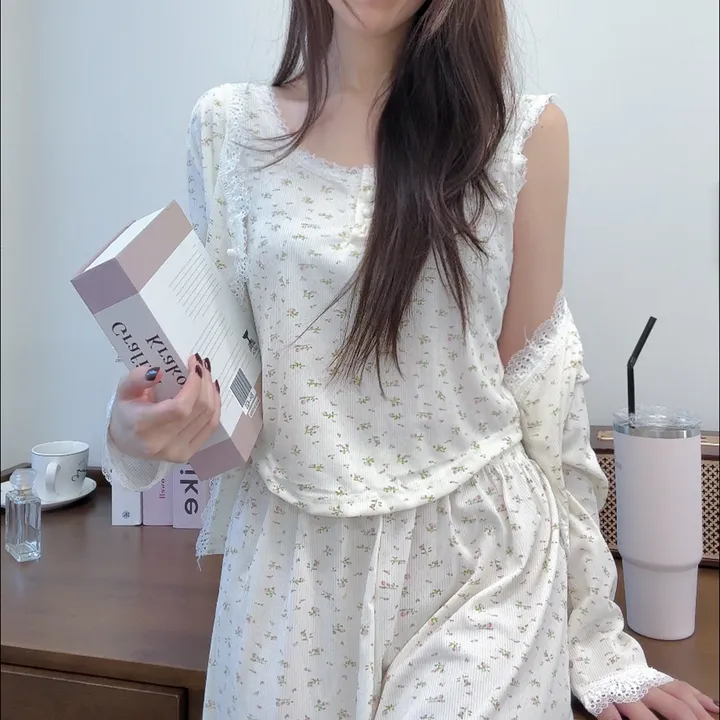 [💌봄할인💌/3피스] 감성 무드 플라워 3피스 가디건 민소매 팬츠 파자마 잠옷 상하 세트 파자마파티 촬영용 잠옷 여리한 여성 잠옷 신혼부부잠옷 #3678 상세 이미지 14