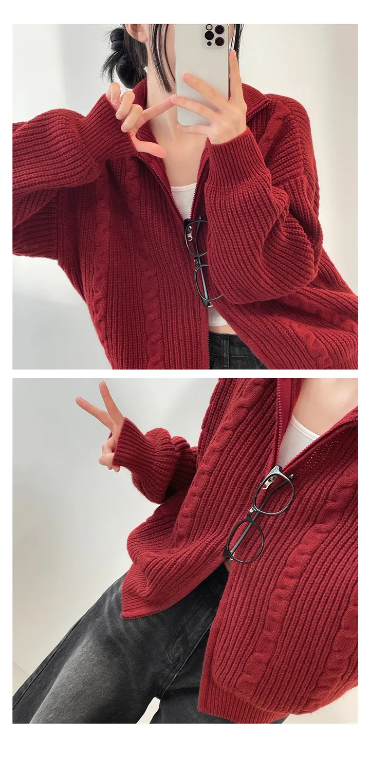 [도톰따뜻🧶아방핏]폭닥 투웨이 하이넥 루즈핏 꽈배기 니트 집업(5color) 상세 이미지 24