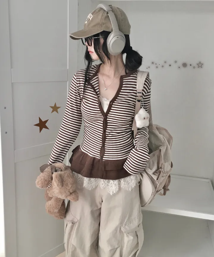 [하트단추🖤/스카시 펀칭] 말라핏 스트라이프 프릴 가디건 상세 이미지 4