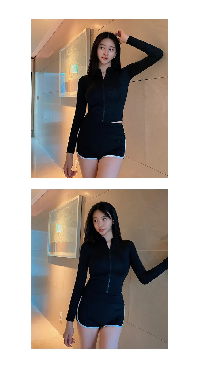 [주문폭주] 플레인 실내 비치웨어 스윔웨어 집업 긴팔 래쉬가드 수영복(아이보리/블랙) 상세 이미지 17