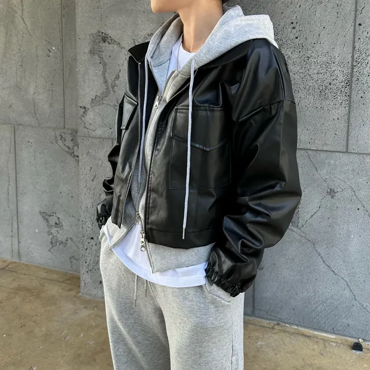 크롭&오버/세트가능 커플 크롭 레더 자켓 후드 집업 가죽 자켓 겨울 봄 가을 커플룩 커플 시밀러룩 꾸안꾸 트레이닝 세트 남자 코디 오버핏 남녀공용 데이트 빅사이즈 상세 이미지 12
