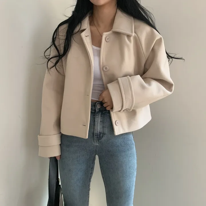 봄가을 크롭재킷 오버핏 아이보리 블랙 싱글버튼 숏코트 상세 이미지 38