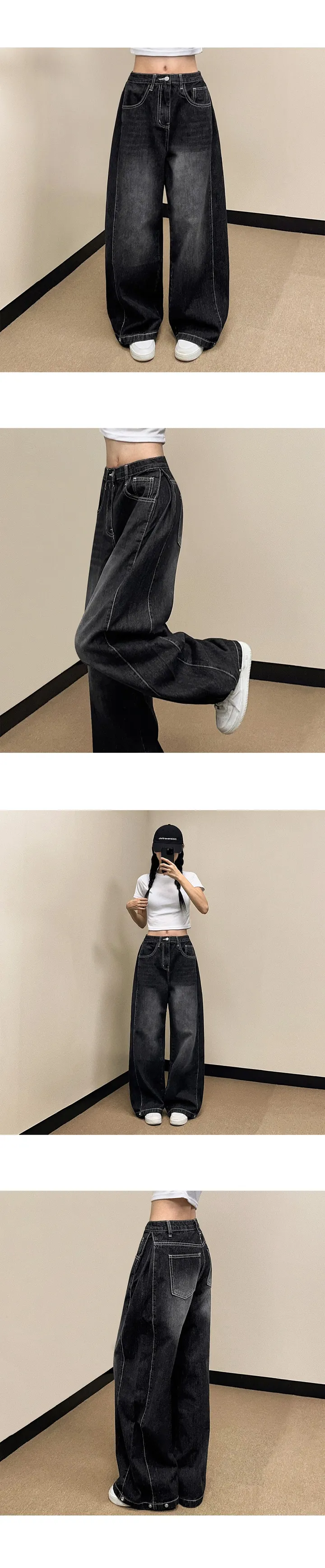 데님버전🐼 [밑단스냅/기장선택!/~XL] 쵸파 폴딩 밑단 스냅 버튼 데님 롱 와이드 팬츠 똑딱이 핀턱 비조 빅사이즈 면바지 키작녀 키큰녀 하이웨스트 사계절 상세 이미지 5