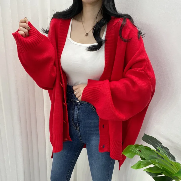 🚀당일발송-레드/블랙🚀[고퀄/데일리룩] 봄🌸 가을 디얼 터크 언발 오버핏 니트 가디건 상세 이미지 24