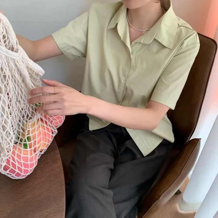[비침X,베이직] 8컬러 제이 크롭 카라 코튼 반팔 셔츠 상세 이미지 9