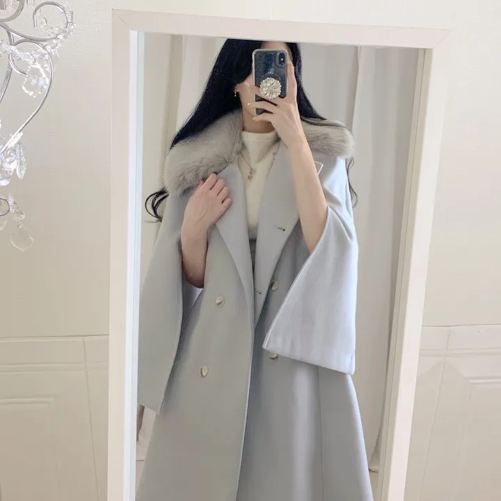 [롱케이프코트💗/고퀄보장✨] 롱VER. 알콩 울 캐시미어 폭스퍼 페이크퍼 밍크퍼 누빔안감 케이프 벨트 버튼 고급 우아 롱 판쵸 코트 망토 자켓 (4color) 연말룩 크리스마스 상세 이미지 27