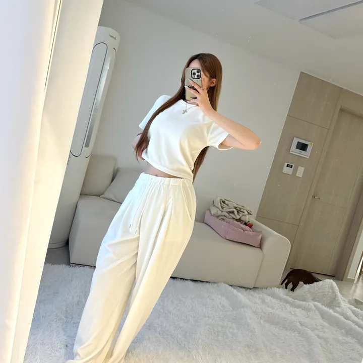 [교복템❕/강추] 테리 타올 크롭 반팔 티셔츠 핀턱 밴딩 와이드팬츠 투피스 트레이닝 세트 상세 이미지 4