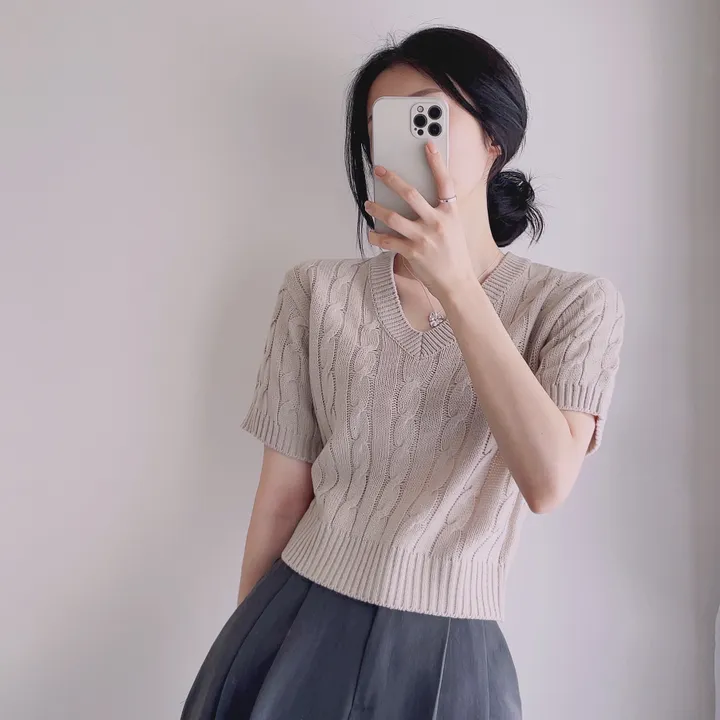 (6color/최저가 보장!) 실물보장! 색감에 반한, 마카롱 꽈배기 브이넥 크롭 반팔 니트 상세 이미지 11