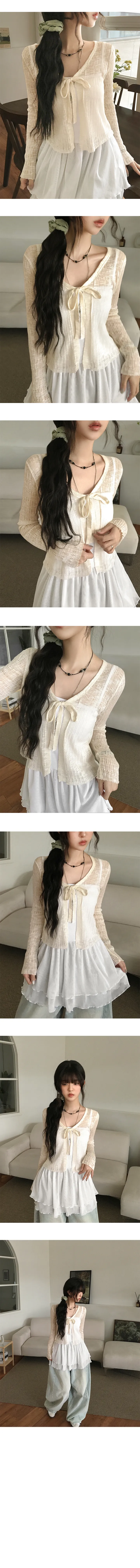 [여름까지/살안타템🖤] 루미 펀칭 시스루 여리 리본 레이스 레이어드 크롭 긴팔 가디건 4color 상세 이미지 5