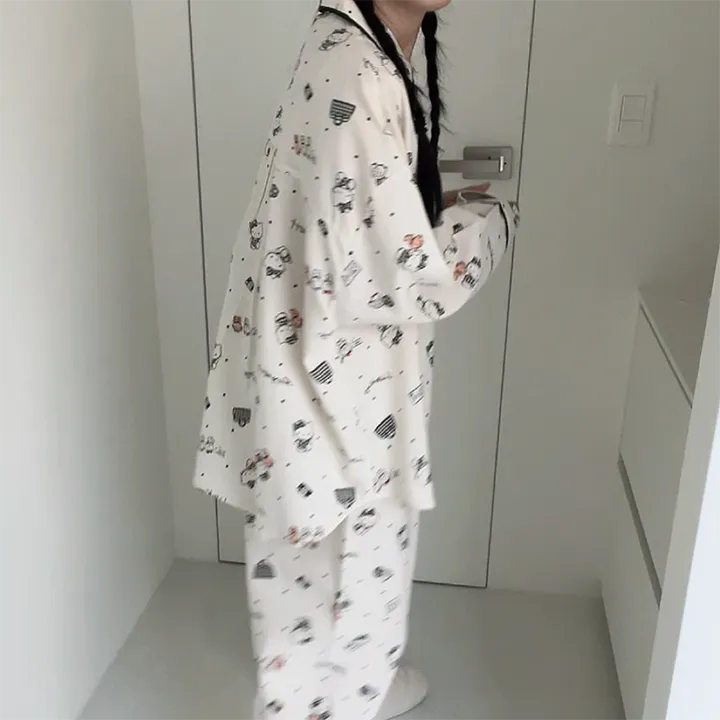 🖤[당일출고/정품/최저가!]🖤 헬로키티 잠옷 파자마 상하세트 면 레이온 봄 가을 박시핏 빅사이즈 오버핏 루즈핏 캐릭터 산리오 땡땡이 도트 원카라 블랙 레이스 선물 파자마파티 상세 이미지 7