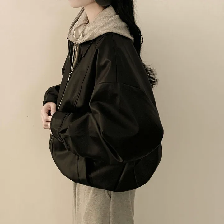 [찐오버핏/고퀄!] 카라 블루종 레더자켓 밴딩 시보리 점퍼 브라운 블랙 상세 이미지 17