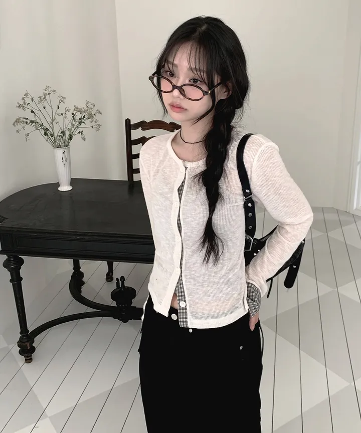 [봄가디건🌷] 띠네 슬럽 배색 체크 커프스 라운드 시스루 니트 가디건 봄 여름 가을 / 봄가디건 여름가디건 레이어드 봄아우터 체크셔츠 뮤잉 상세 이미지 38