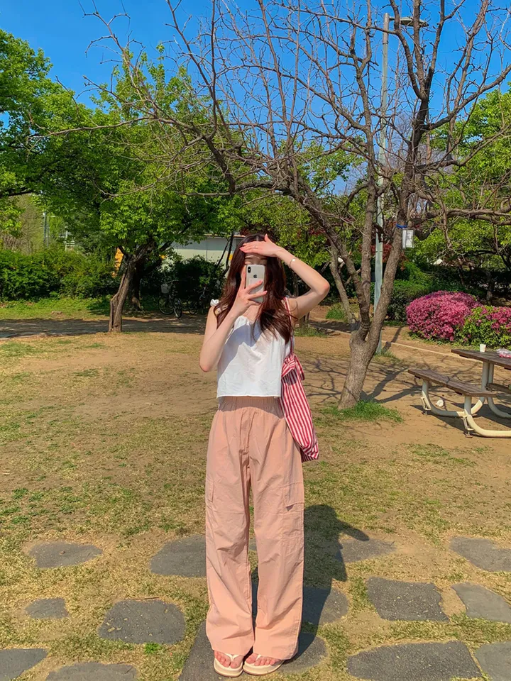 [묶음할인🎁간절기🤎롱&숏/진짜강추ㅠ] 아이스 바스락 나일론 썸머 카고 와이드 트레이닝 팬츠 하이웨스트 밴딩 봄 츄리닝 바지 냉장고 벚꽃룩 꽃놀이룩 개강여신 6COL 상세 이미지 19