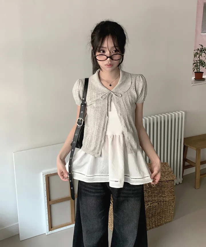 [러블리🌷반팔가디건] 게일 둥근 카라 리본 스트랩 크롭 반팔 가디건 봄 여름 가을 / 여름가디건 남방 크롭티 반팔티 흰티 이너티 아우터 뮤잉 상세 이미지 3