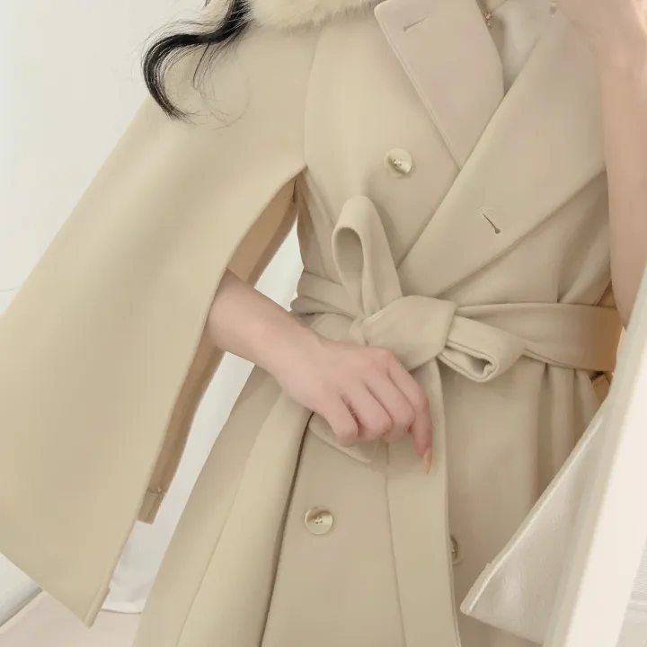 [롱케이프코트💗/고퀄보장✨] 롱VER. 알콩 울 캐시미어 폭스퍼 페이크퍼 밍크퍼 누빔안감 케이프 벨트 버튼 고급 우아 롱 판쵸 코트 망토 자켓 (4color) 연말룩 크리스마스 상세 이미지 24