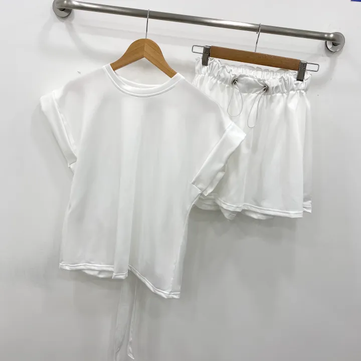 [set!]리본 뒷트임 롤업 캡소매 반팔티+플레어 숏팬츠 반바지 투피스 트레이닝 세트 2color 상세 이미지 14