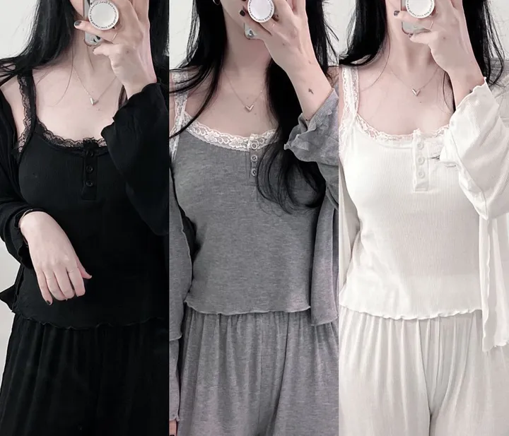 🖤[당일출고/최저가] 4ps 3ps 레이스 캡내장 잠옷 세트 상하 파자마 나시 긴바지 반바지 아우터 가벼운 스판기 섹시한 여성스러운 3피스 4피스 봄 여름 가을 홈웨어 3종 4종 상세 이미지 2