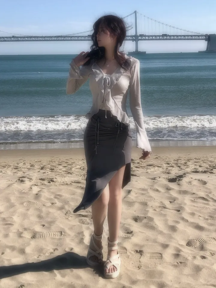 [핀터레스트룩🌿/당일출고🤍] 4color 프릴 레이스 리본 가디건 볼레로 봄옷 발레코어 슬림 세미크롭 시스루 바다 여행룩 벚꽃 상세 이미지 5