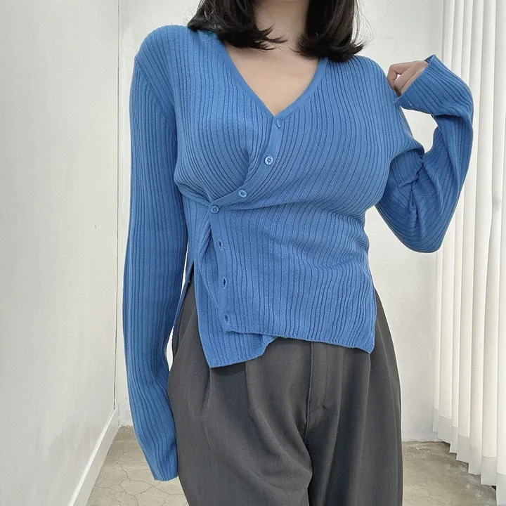 [빅사이즈/봄 필수템🌸] 반해 버튼 브이넥 골지 슬림 사선 가디건 상세 이미지 21