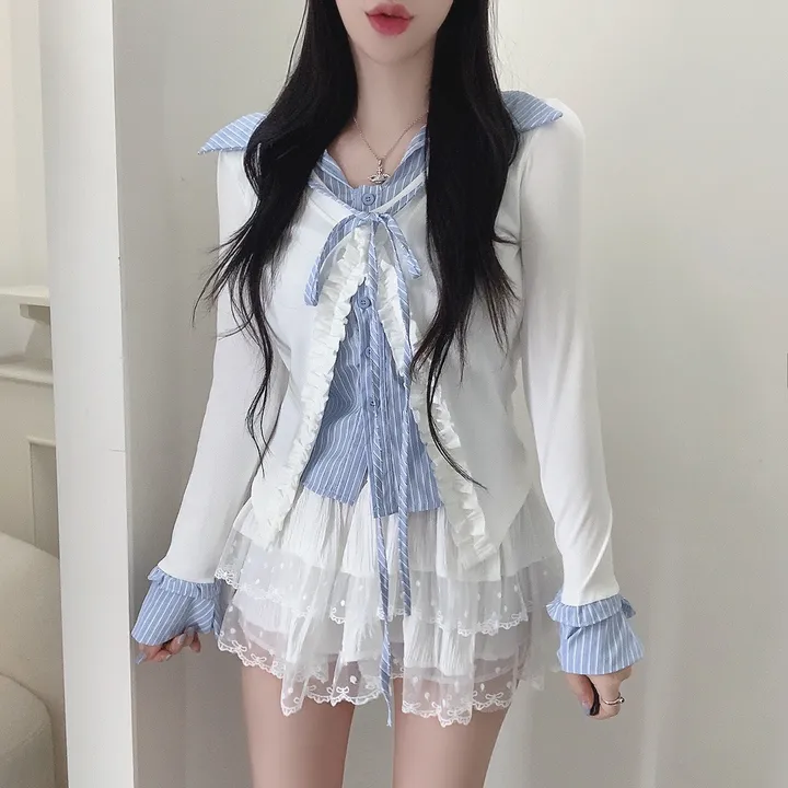 [3COLOR/셔츠일체형] 유닛 스트라이프 셔츠&프릴가디건 레이어드세트/버닝블루 상세 이미지 25