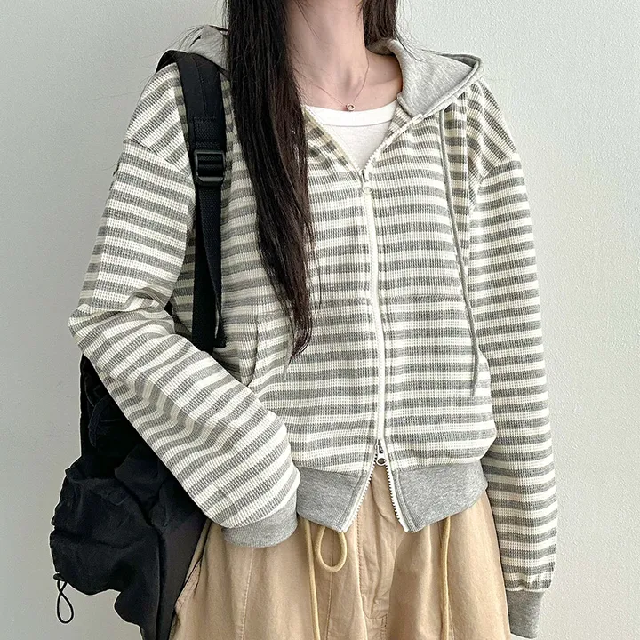 [캐주얼힙/투웨이] 스트라이프 단가라 배색 투웨이 지퍼 세미크롭 얇은 후드 집업 점퍼 봄 가을 간절기 아우터 모즈잔줄배색후드집업 상세 이미지 32