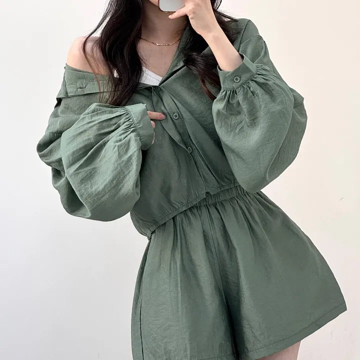 [한여름까지!/살안타템] 벌룬 끝판왕! 린넨 아방핏 크롭 밴딩 셔츠 후드 집업+실키 하이웨스트 3부 숏팬츠 반바지 투피스 세트 5color 상세 이미지 28