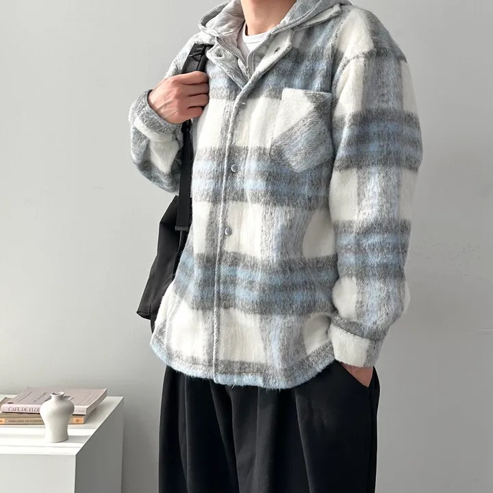 오버핏 체크 하프 코트 자켓 후드 레이어드 미니멀 빅사이즈 아우터 후드레이어드하프체크코트 상세 이미지 11