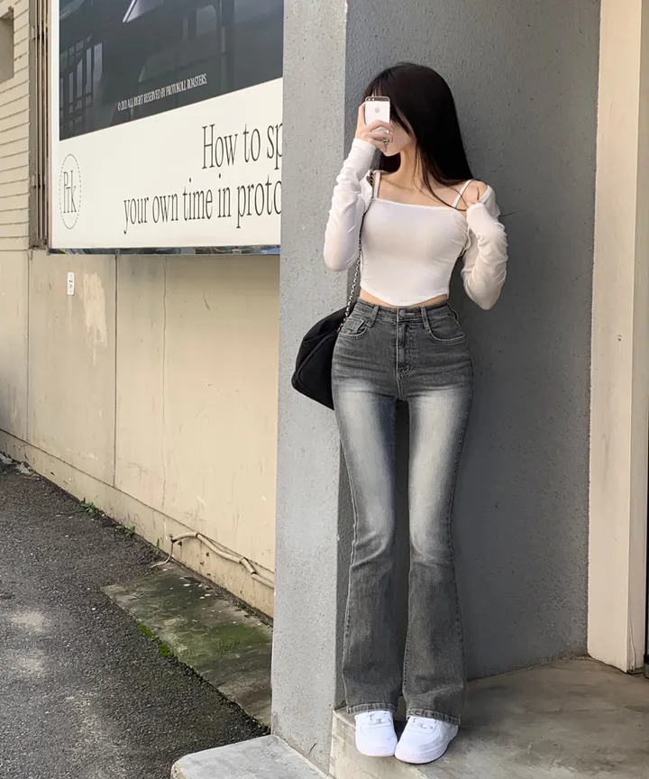 [XS~/자체제작🖤/숏&롱] #자스민벨 바비 하이웨스트 워싱 그레이 흑청 슬림 롱 부츠컷 데님 인생 팬츠 청바지 키큰녀 키작녀 기장선택 상세 이미지 15