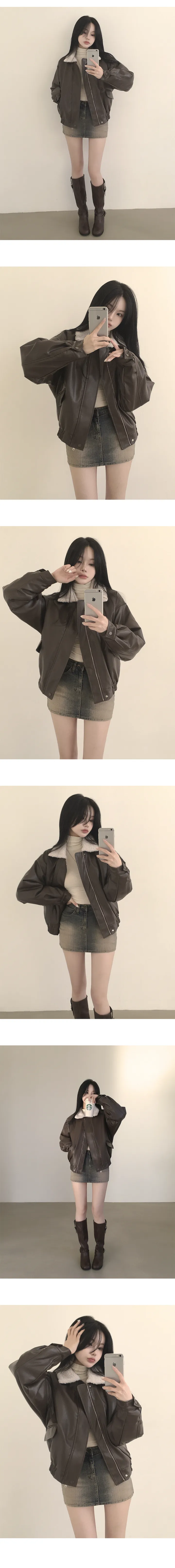 [전체양털안감🔥/한겨울까지~] 군더더기 없이 깔끔한, 양털 카라 레더 오버핏 무스탕 점퍼 (2color) 상세 이미지 4