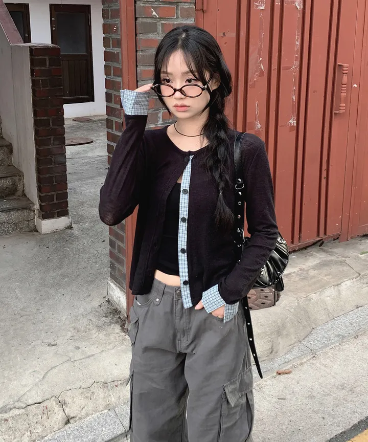 [봄가디건🌷] 띠네 슬럽 배색 체크 커프스 라운드 시스루 니트 가디건 봄 여름 가을 / 봄가디건 여름가디건 레이어드 봄아우터 체크셔츠 뮤잉 상세 이미지 12