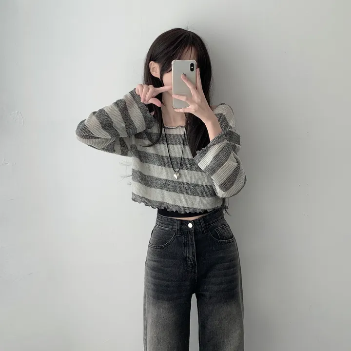 *주문폭주* [데일리힙set] 물결 단가라 니트 티셔츠 & 흑청 사이드워싱 데님 팬츠 [D1-9] 상세 이미지 20