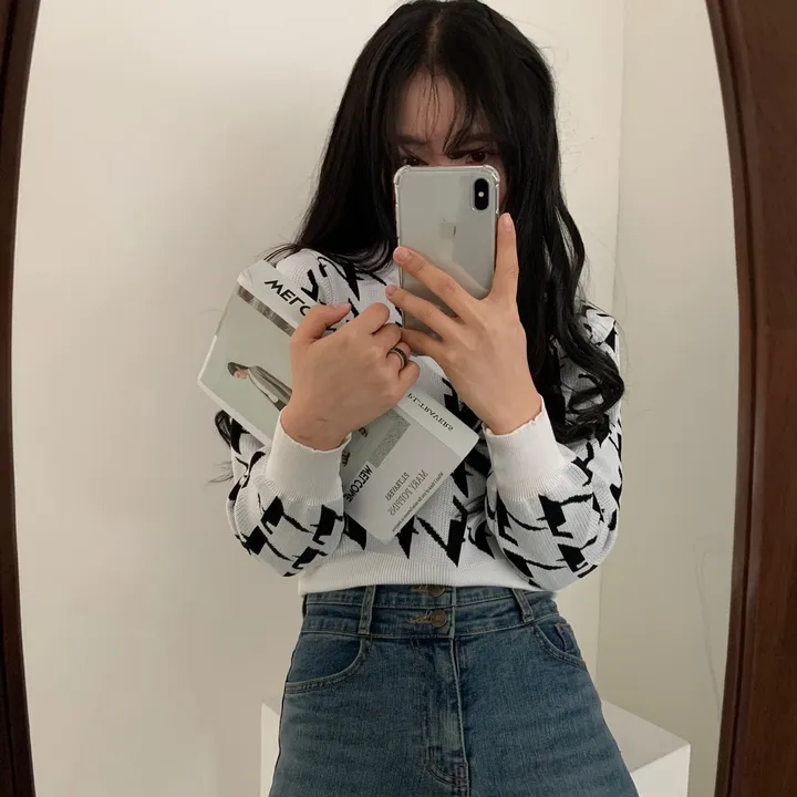 [몸매보정] 잘록한 체크 크롭 브이넥 배색니트;2col 상세 이미지 36