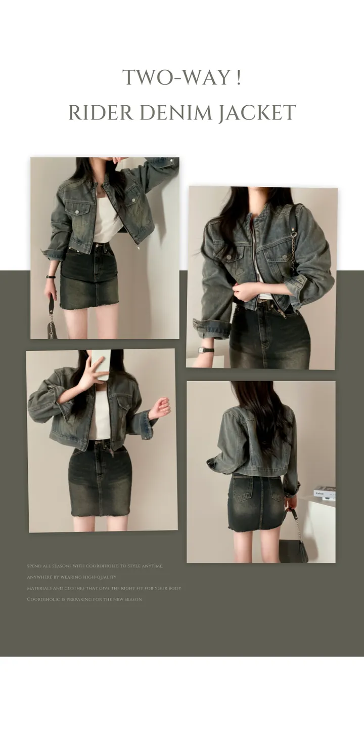 [고퀄탄탄!/핏보장💕/청순힙~] 빈티지 워싱 투웨이 노카라 크롭 긴팔 데님 청자켓 집업 상세 이미지 2