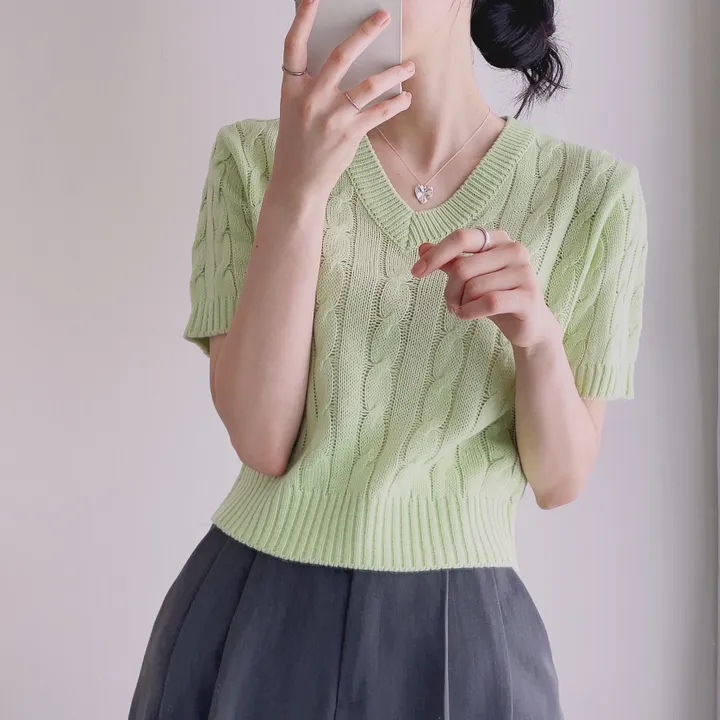 (6color/최저가 보장!) 실물보장! 색감에 반한, 마카롱 꽈배기 브이넥 크롭 반팔 니트 상세 이미지 27