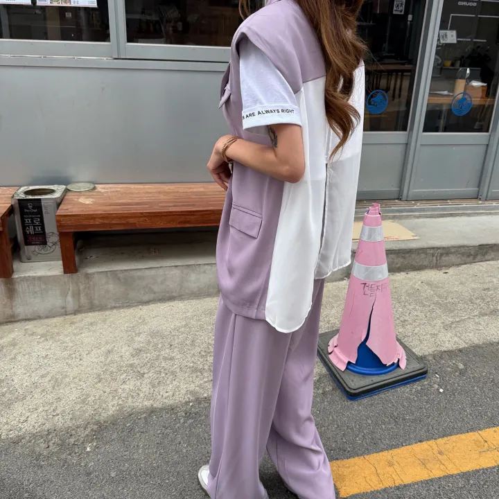 [패치선택가능/패드내장] 루즈핏 하프 시스루 트임 벨트 삼각 미니패치 조끼 베스트 + 하이 배색 밴딩 롱 찰랑 와이드 팬츠 세트 2COLOR 상세 이미지 8