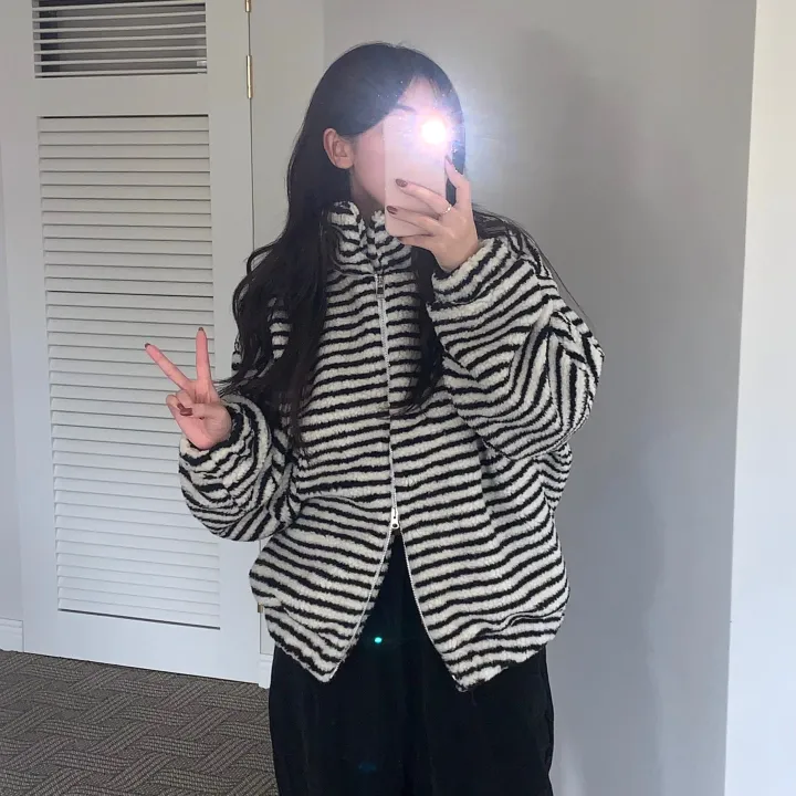 [☁뽀글후리스/투웨이] 뽀글 스트라이프 단가라 오버핏 후리스 / 스트라이프 점퍼 / 겨울 뽀글이 후리스 상세 이미지 7