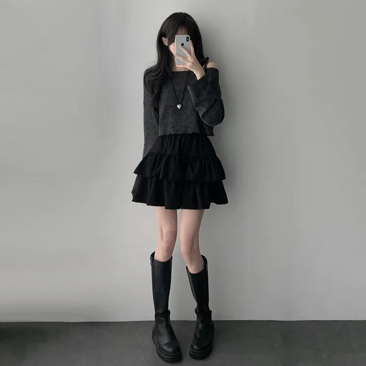 *주문폭주/투피스1등* [코디세트/무채색🖤] 러블리 언발 리본 오프숄더 차콜 니트+블랙 캉캉 스커트 투피스 코디세트 상세 이미지 12
