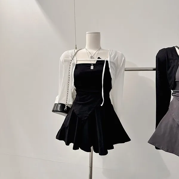❤️최저가❤️ *3pc [세트가격!/하이틴!] 펜시 스트랩 셔링나시 언발 사선 튜브탑 크롭나시 긴팔 크롭가디건 니트가디건 볼레로가디건 밴딩 A라인 플레어 미니스커트 여름투피스 세트 상세 이미지 18