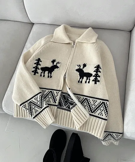 [빈티지/겨울감성] 인생샷! 빈티지 아메카지 노르딕 사슴 눈꽃 아방핏 니트 투웨이 집업 가디건 3color]디어카라집업