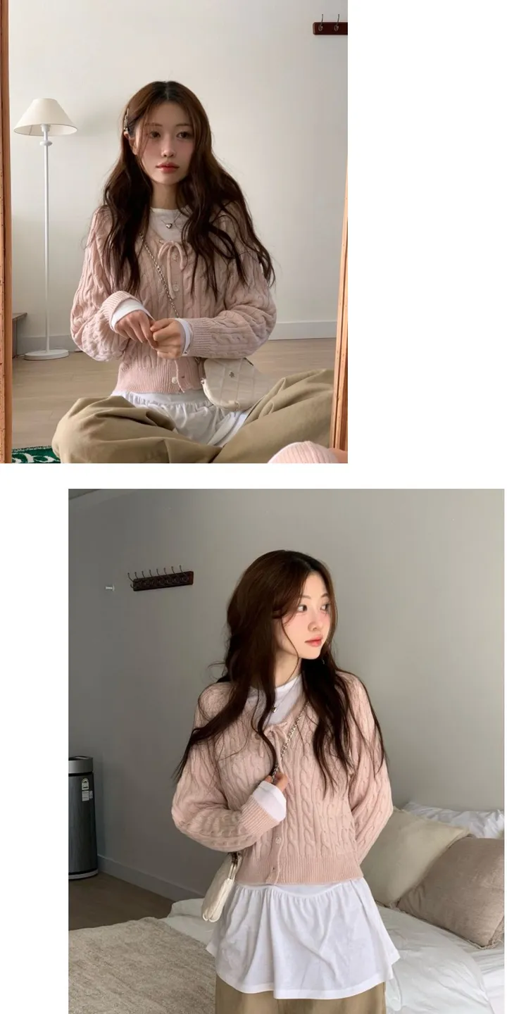 [리본스트랩ෆ]레이플 무드 루즈 여리핏 꽈배기 케이블 니트 리본 가디건 5color 상세 이미지 15