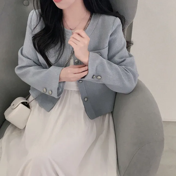 [얇은 트위드🩵/new신상!]화사한 고급스러움,매트 트위드 라운드 세미크롭 루즈핏 트위드 자켓 상세 이미지 11