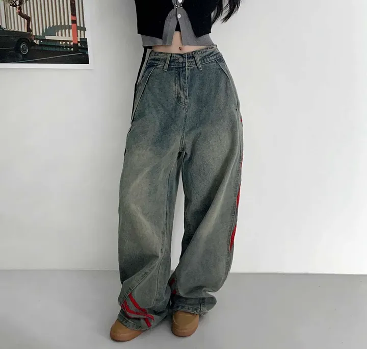 [ 가을신상 ! /  S, M, L   ]레드 라인 데님 트랙팬츠 청바지 * 뒷밴딩 ㅇ * [9OOD PANTS] 상세 이미지 13