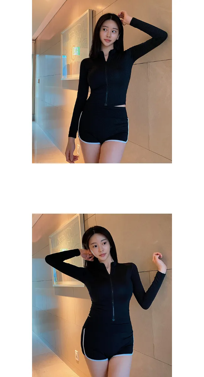 [주문폭주] 플레인 실내 비치웨어 스윔웨어 집업 긴팔 래쉬가드 수영복(아이보리/블랙) 상세 이미지 11