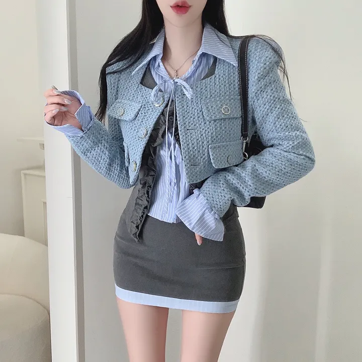 [3COLOR/셔츠일체형] 유닛 스트라이프 셔츠&프릴가디건 레이어드세트/버닝블루 상세 이미지 12