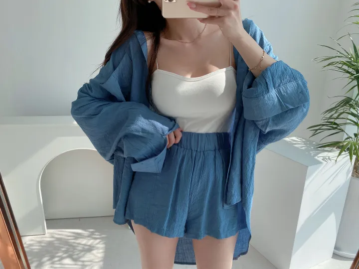 *SET* 【편해요/멋쁨】 오버 루즈핏 린넨 롱셔츠 남방 반바지 투피스 세트 상세 이미지 15