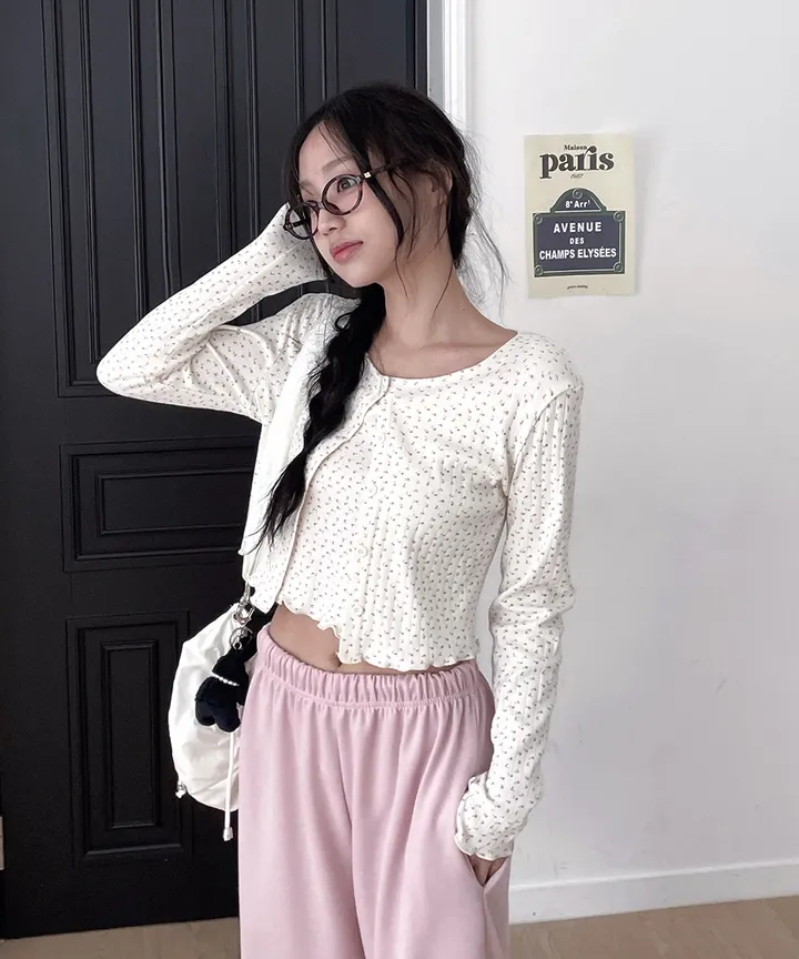 [러블리룩🫧💗] 럼블 잔꽃 패턴 플라워 레이스 골지 나시 가디건 세트 봄 가을 / 나시 가디건 레이어드 아우터 봄가디건 봄옷 뮤잉 상세 이미지 6