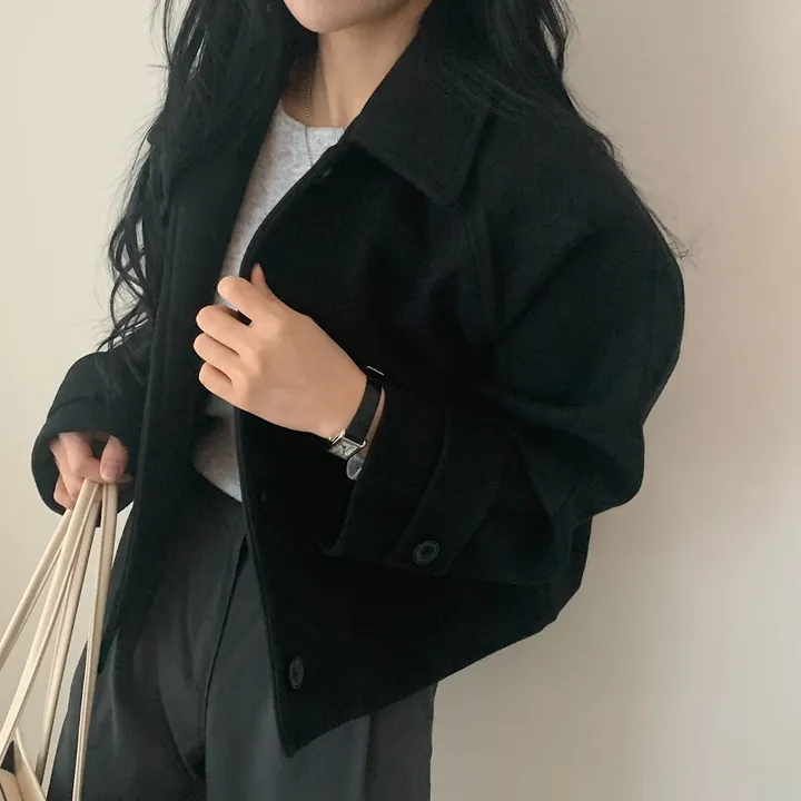 봄가을 크롭재킷 오버핏 아이보리 블랙 싱글버튼 숏코트 상세 이미지 45