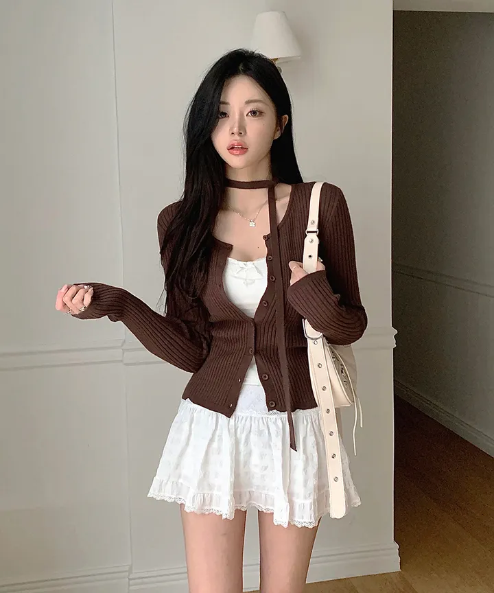[초커타이set 💗] 몰린 초커 타이 세트 골지 니트 가디건 봄 가을 데이트룩 / 긴팔가디건 긴팔니트 데일리룩 하객룩 클래식블랑 상세 이미지 6