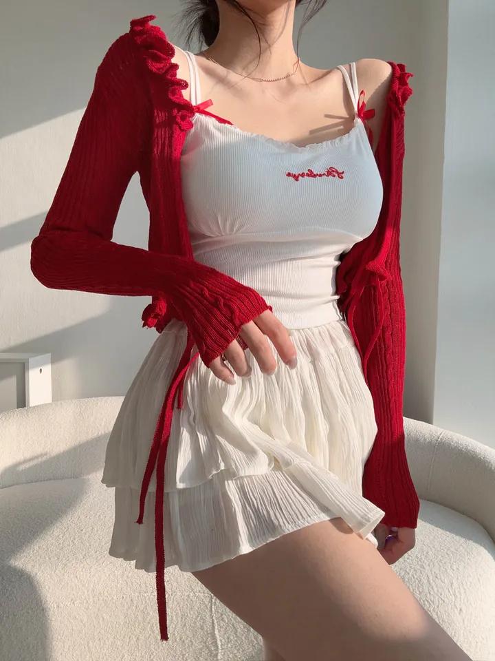 【핏보장-!】 여리여리 스트랩 끈 롱슬리브 프릴 꽈배기 부클 가디건 상세 이미지 12