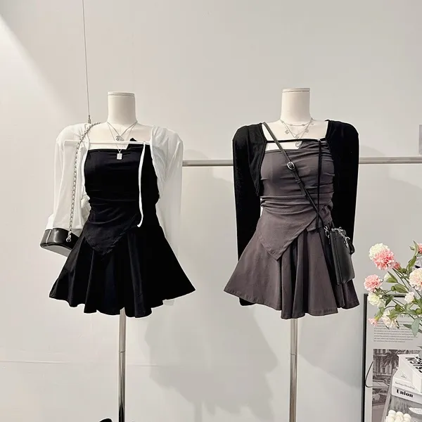 ❤️최저가❤️ *3pc [세트가격!/하이틴!] 펜시 스트랩 셔링나시 언발 사선 튜브탑 크롭나시 긴팔 크롭가디건 니트가디건 볼레로가디건 밴딩 A라인 플레어 미니스커트 여름투피스 세트 상세 이미지 5